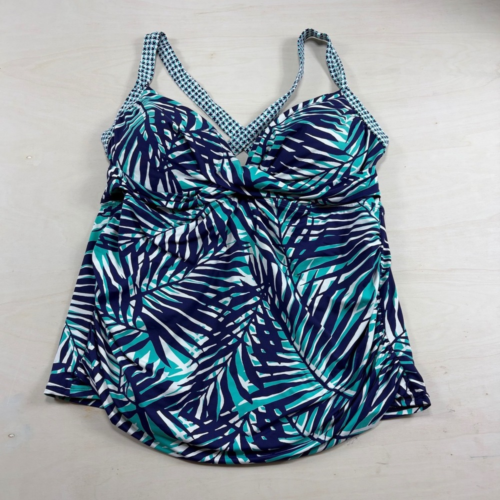 Anne Cole Signature Tropical Palm Print Tankini Top Navy Teal Plus Size 22W